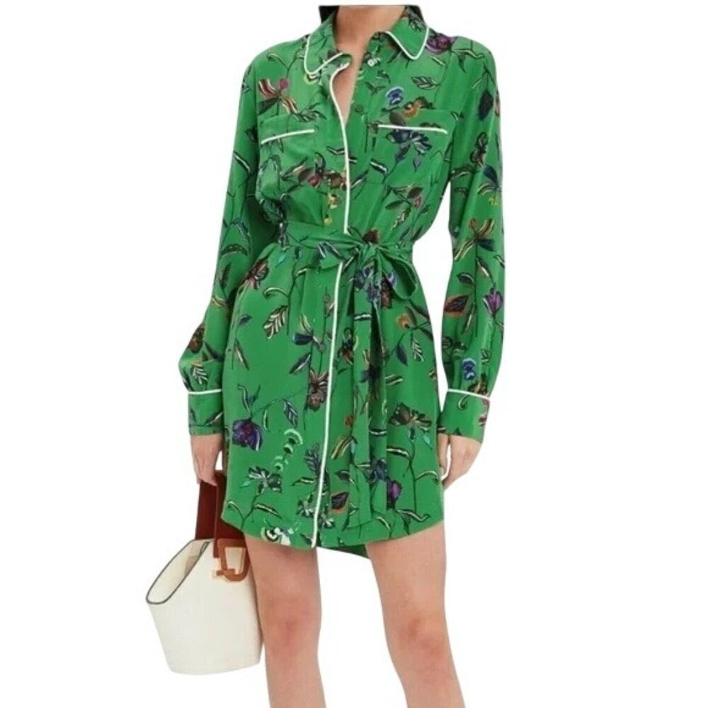 Derek Lam 10 Crosby Emerald Green Floral Button Down Silk Dress  Size 0 Womens